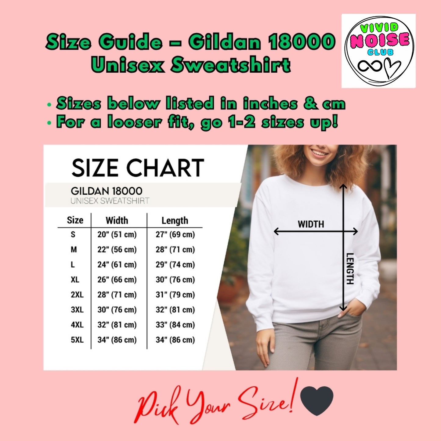 Size chart for Gildan 18000 Unisex Sweatshirt with a person wearing the sweatshirt on a pink background.