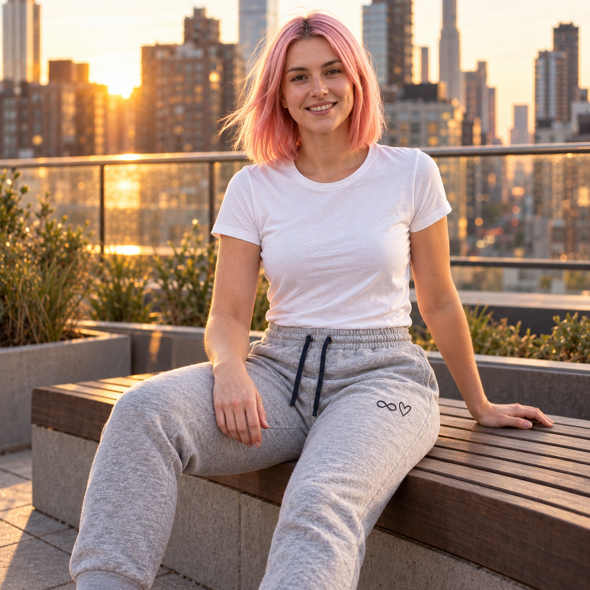 A woman with pink hair sits on a wooden bench at a rooftop terrace during sunset, wearing a white t-shirt and light gray sweatpants with a small Infinity Heart embroidered logo on the left thigh. The city skyline is visible in the background.