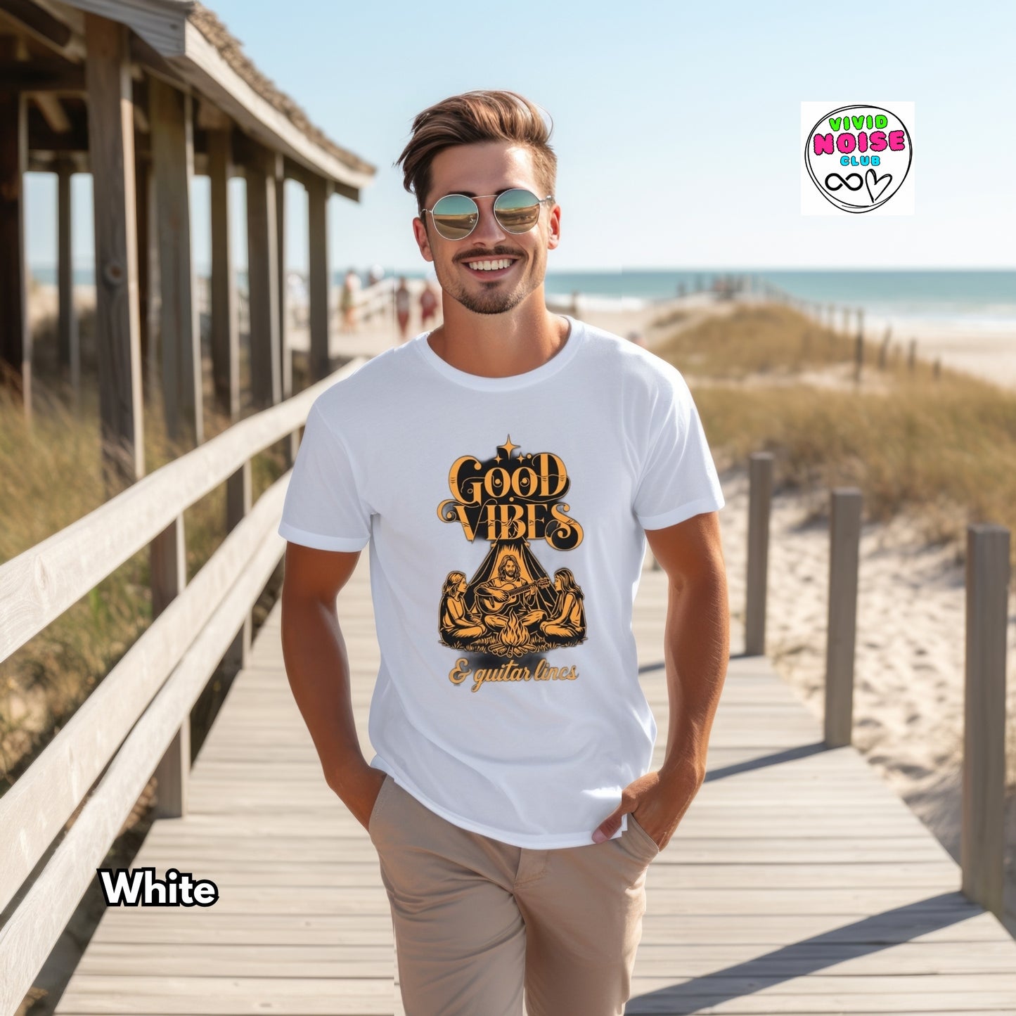 Music Lover T-Shirt - Good Vibes & Guitar Lines - Classic Cotton Tee