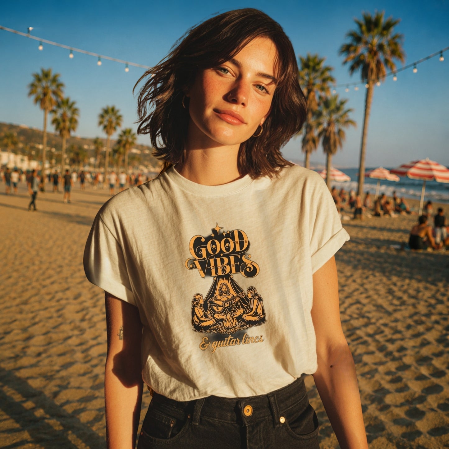 Music Lover T-Shirt - Good Vibes & Guitar Lines - Classic Cotton Tee