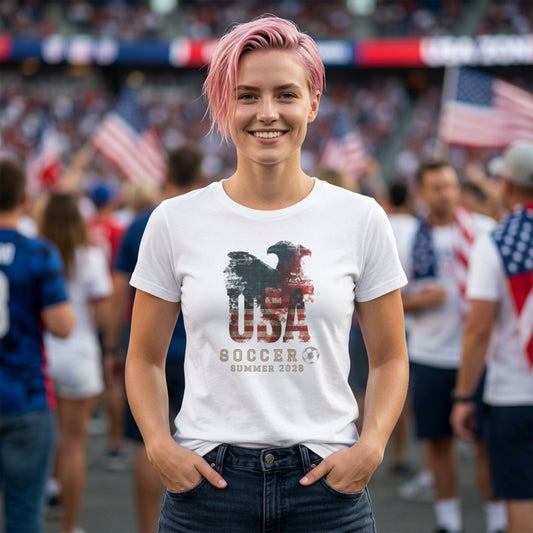 Person wearing a 'USA Soccer Summer 2023' t-shirt at a sports event.