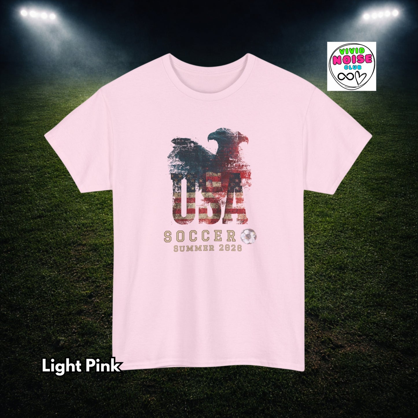 Light pink t-shirt with 'USA Soccer Summer 2022' design on a grass field background