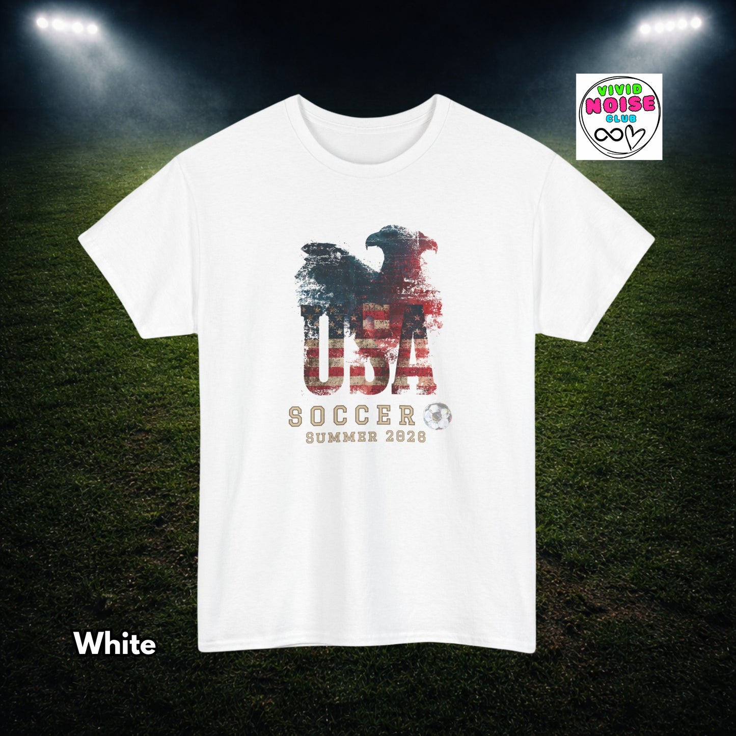 White t-shirt with USA soccer design on a grass field background