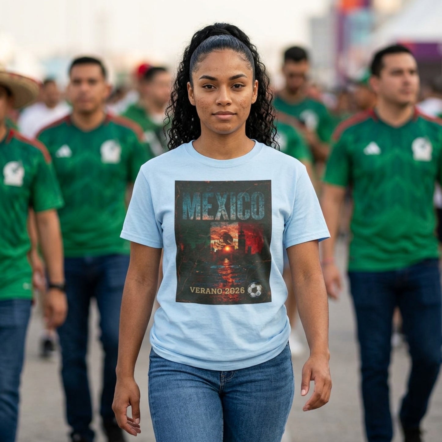 Woman wearing a light blue t-shirt with 'Mexico' text and graphic, standing in front of people wearing green shirts.
