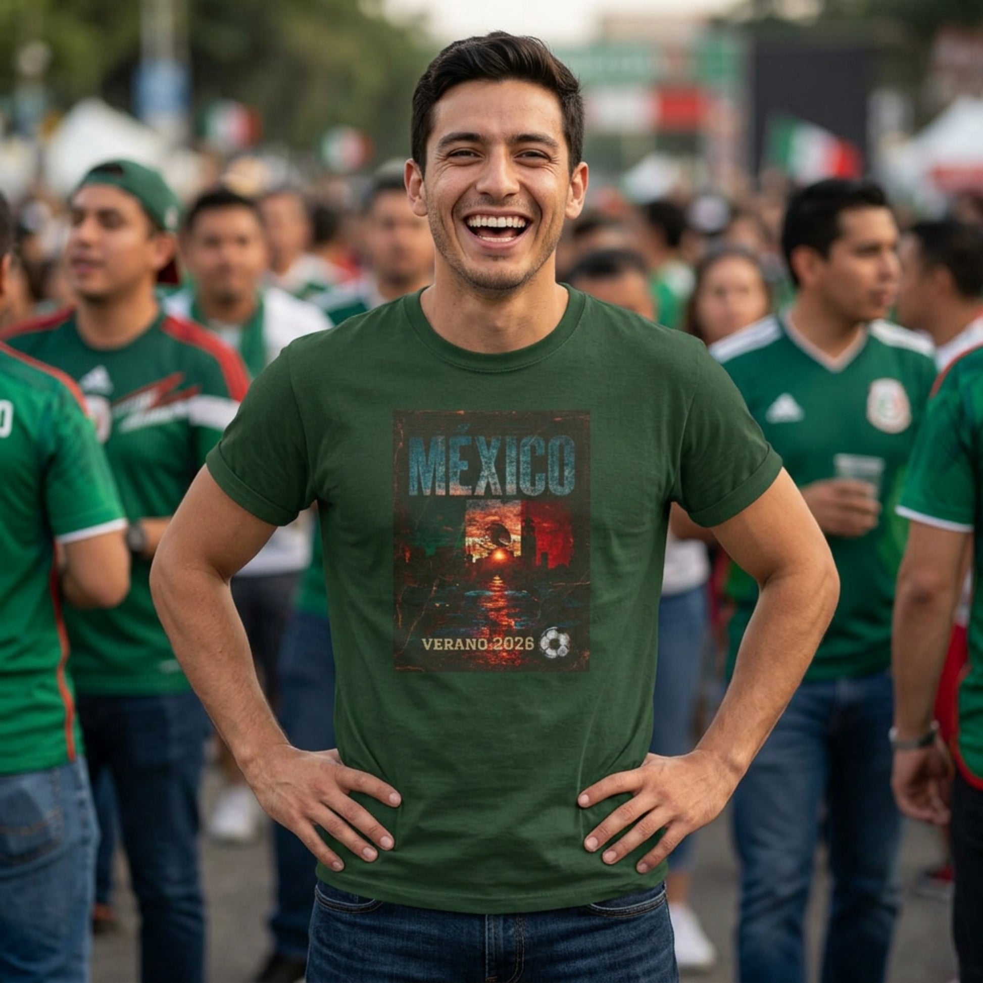 Man wearing a green 'México' t-shirt with a crowd in the background