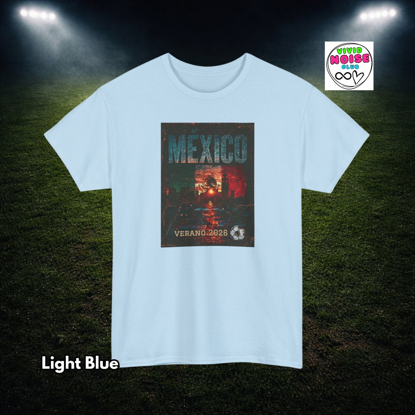 Light blue t-shirt with a graphic design on a dark background