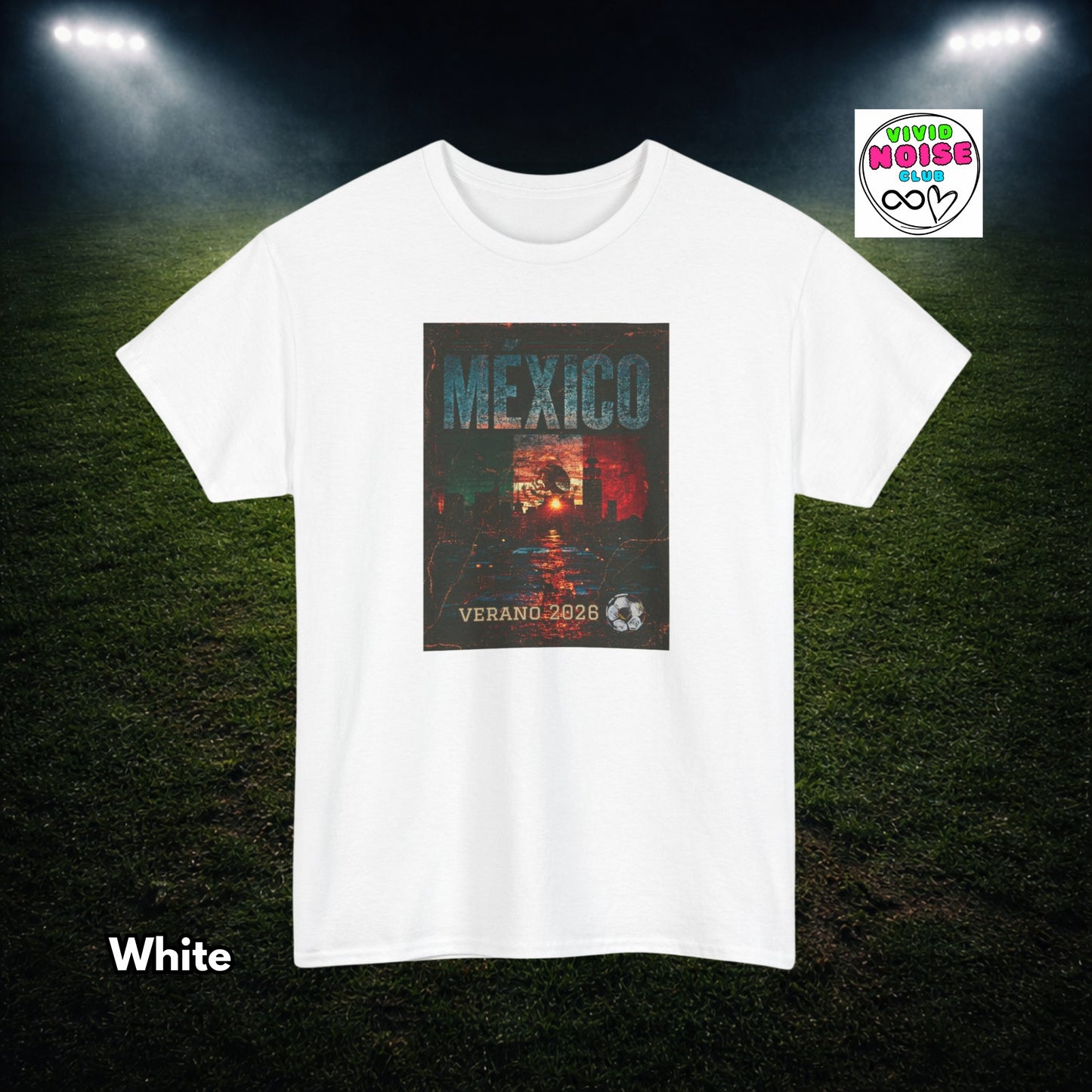 White t-shirt with a Mexico Verano 2026 graphic design on a dark background