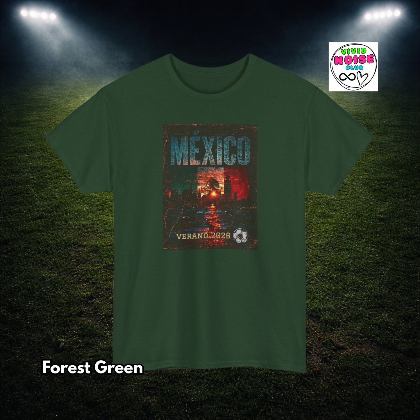 Green t-shirt with 'México Verano 2028' design on a grassy field background