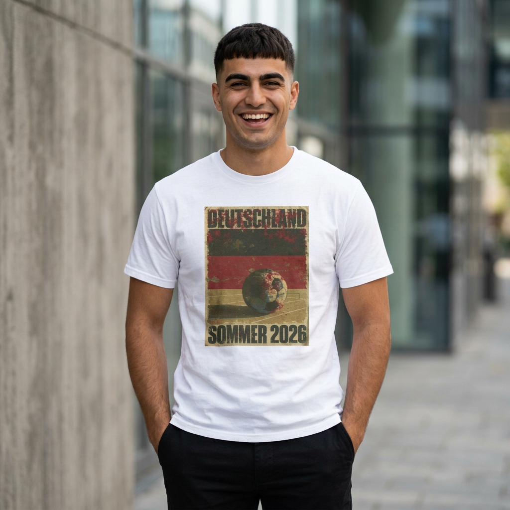 Man wearing a white t-shirt with a graphic design and text, standing outdoors.