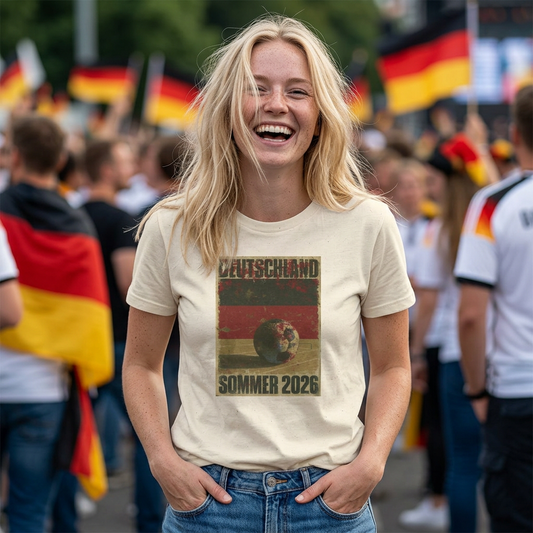 Person wearing a 'Deutschland Sommer 2026' t-shirt with German flags in the background