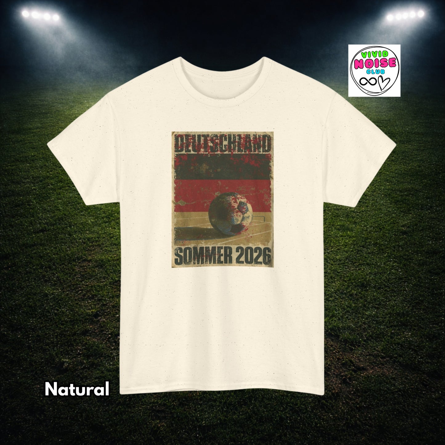 Natural cream t-shirt with a graphic design on a grass field background