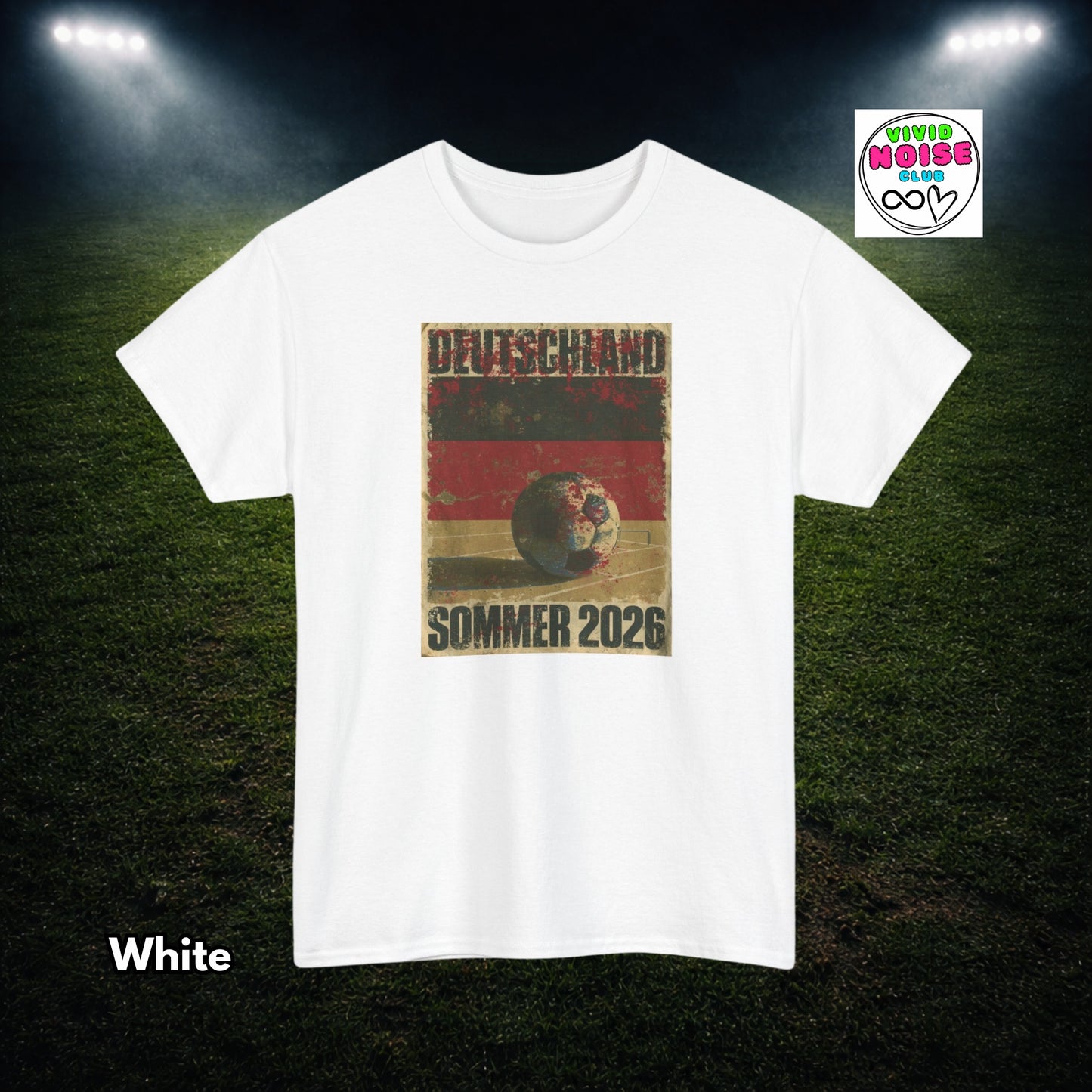 White t-shirt with a graphic design on a football field background