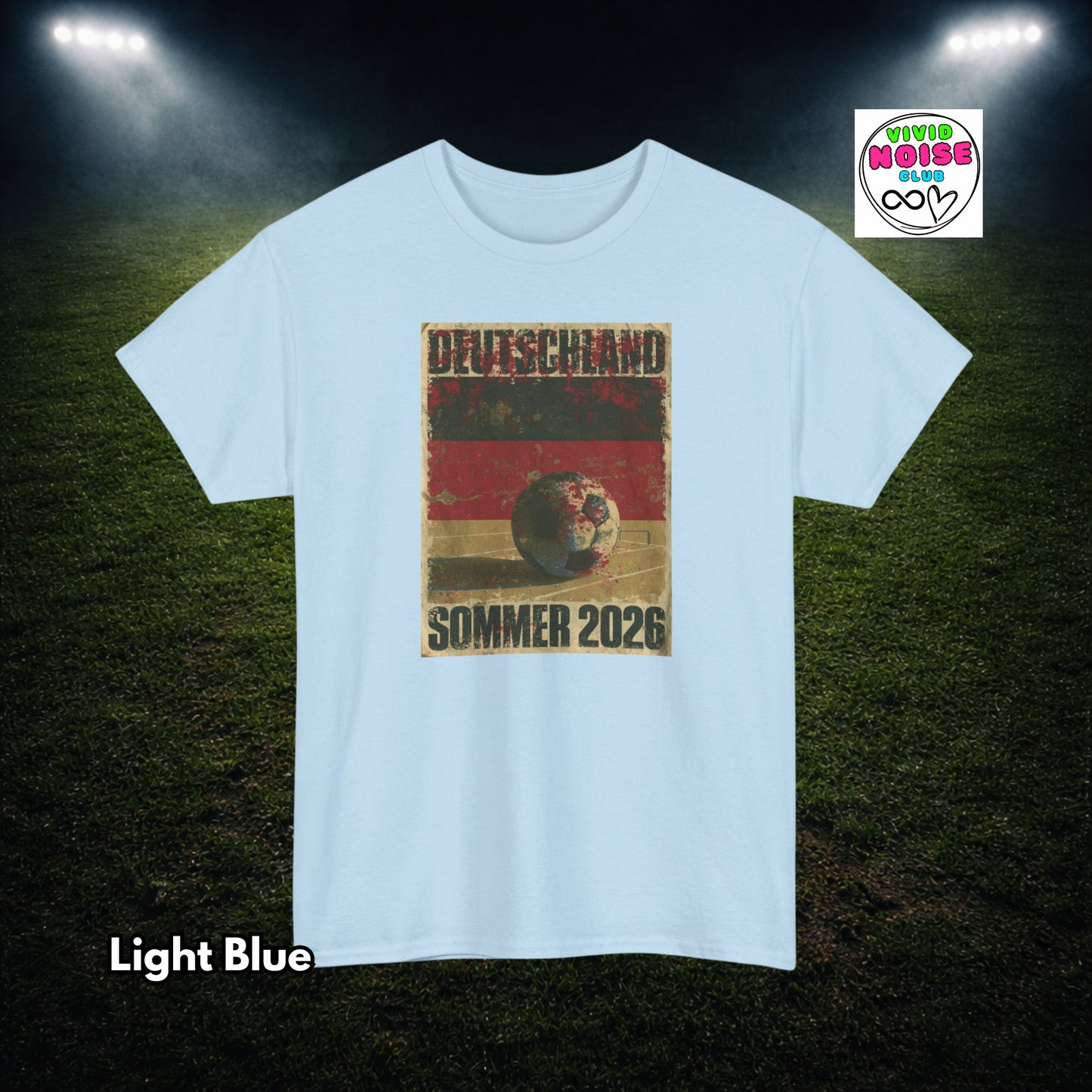Light blue t-shirt with a graphic design on a football field background