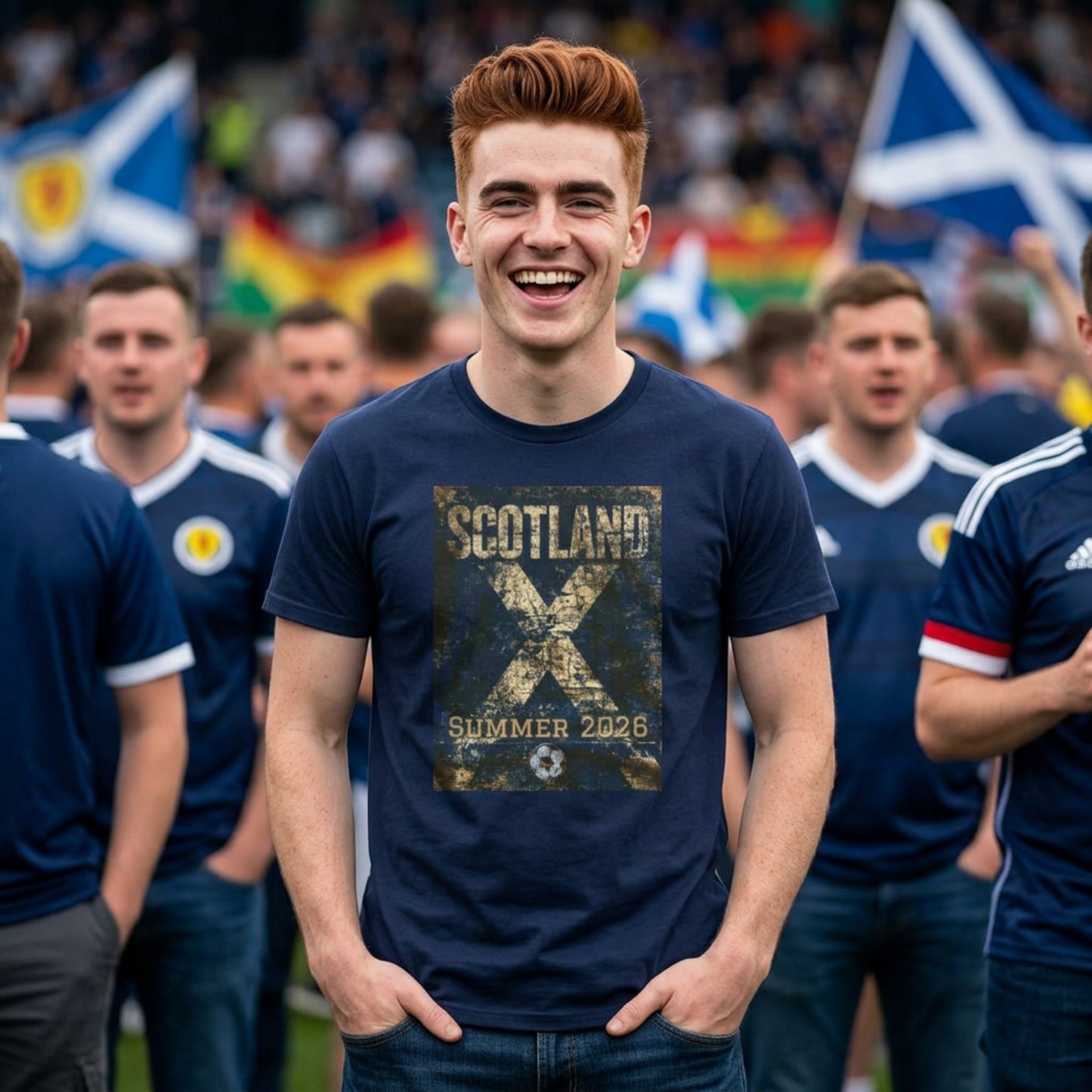 Man wearing a Scotland t-shirt with a crowd in the background