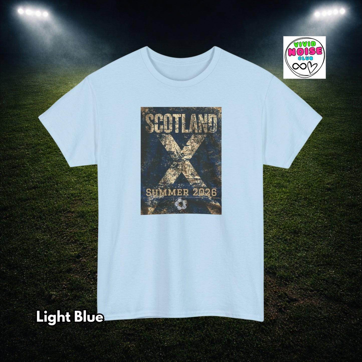 Light blue t-shirt with a graphic design on a dark background