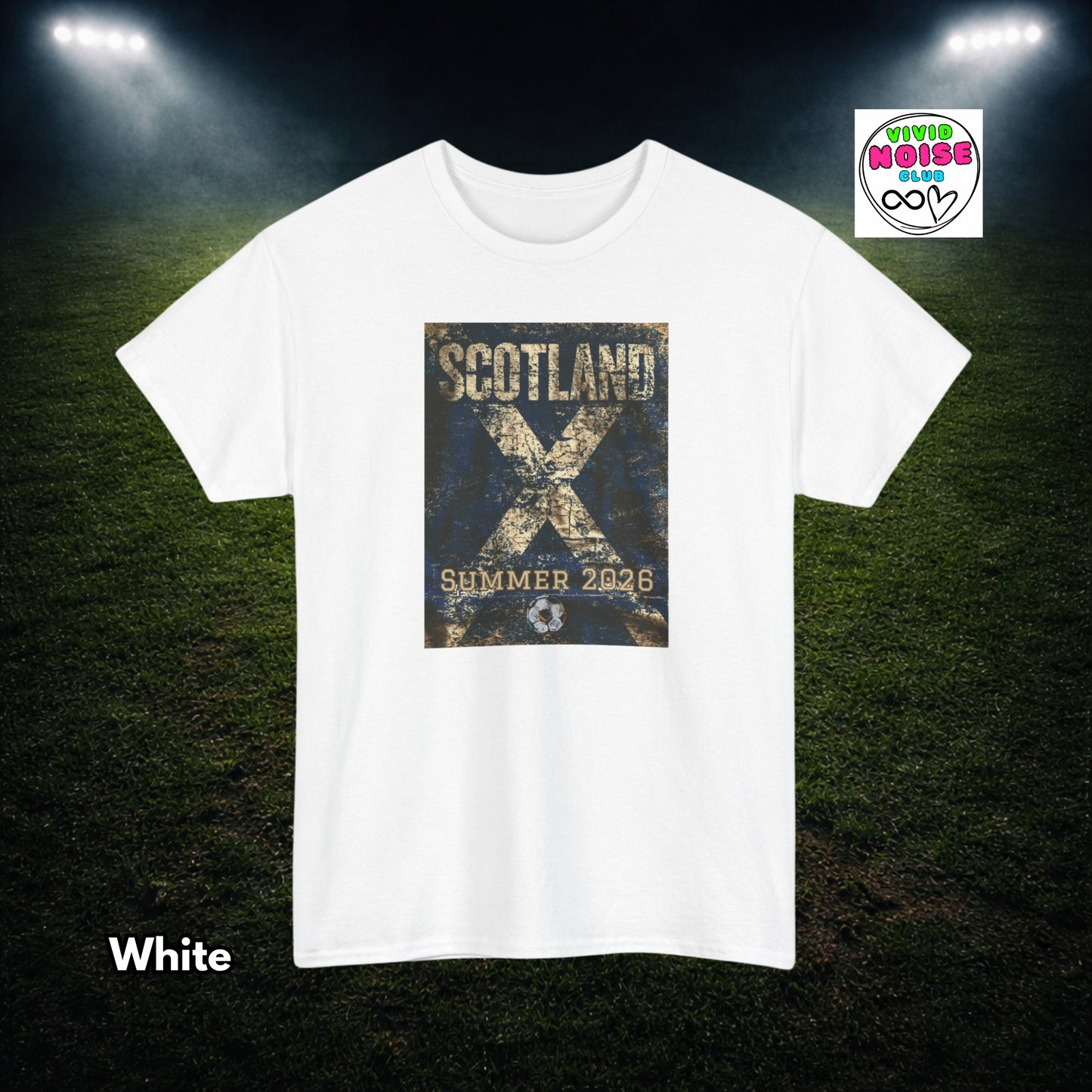 White t-shirt with a graphic design on a dark background