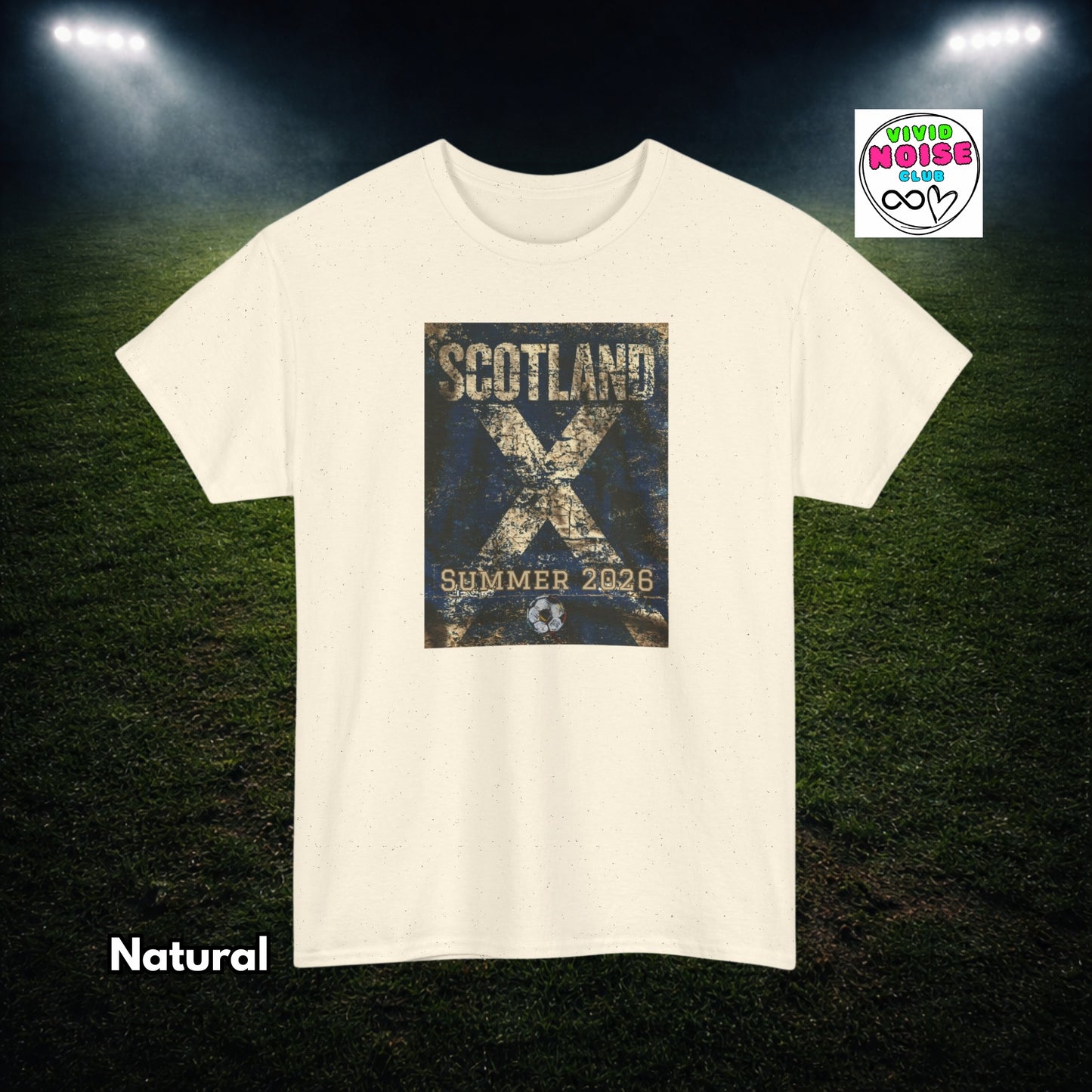 Natural cream t-shirt with 'Scotland X Summer 2026' graphic on a dark background
