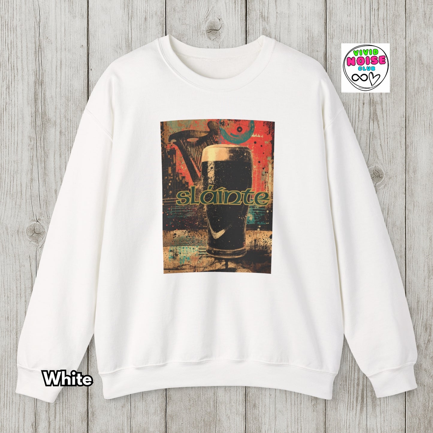White sweatshirt with a graphic of a pint of beer and 'Stout' text on a wooden surface.