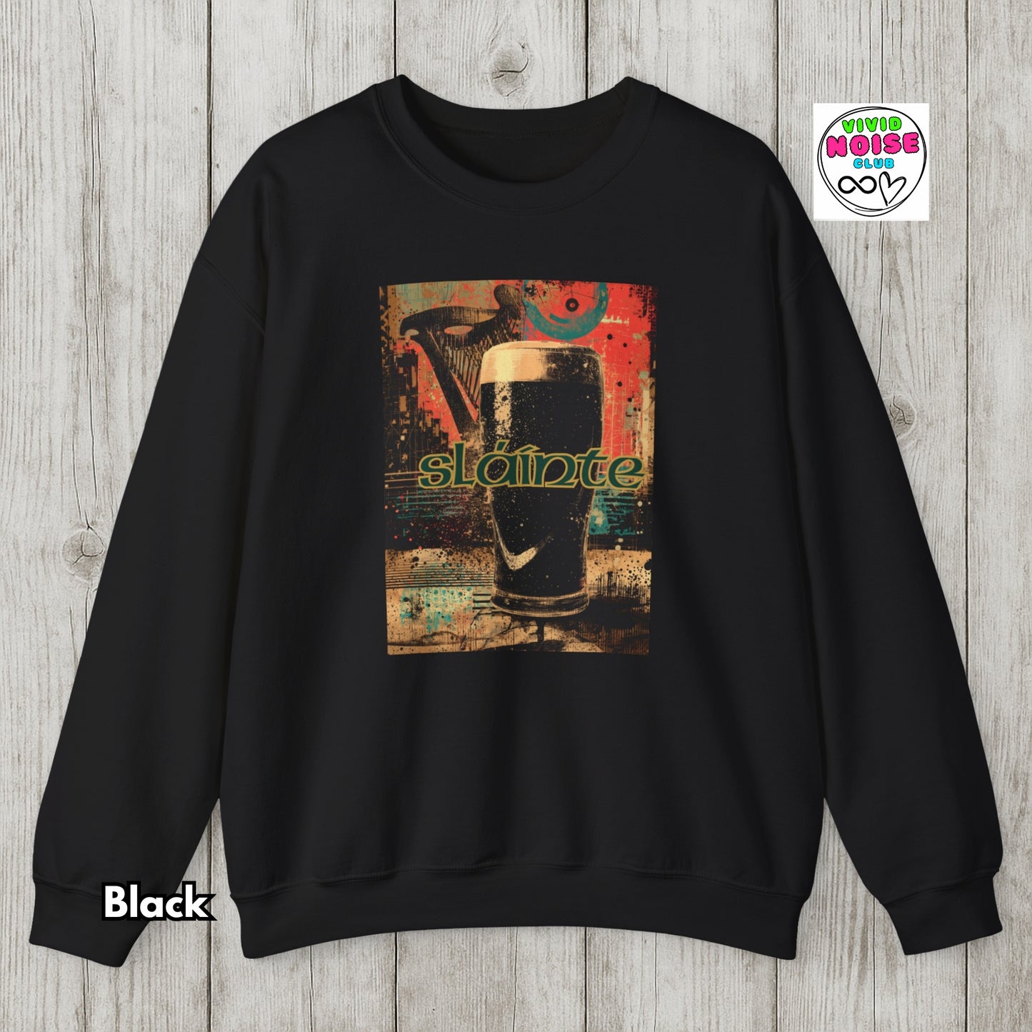 Black sweatshirt with a graphic design of a glass of stout on a wooden surface, featuring the brand 'Stout Noise'.