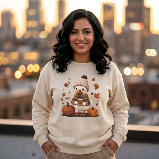 Woman wearing a beige sweatshirt with a cartoon duck design in an urban setting