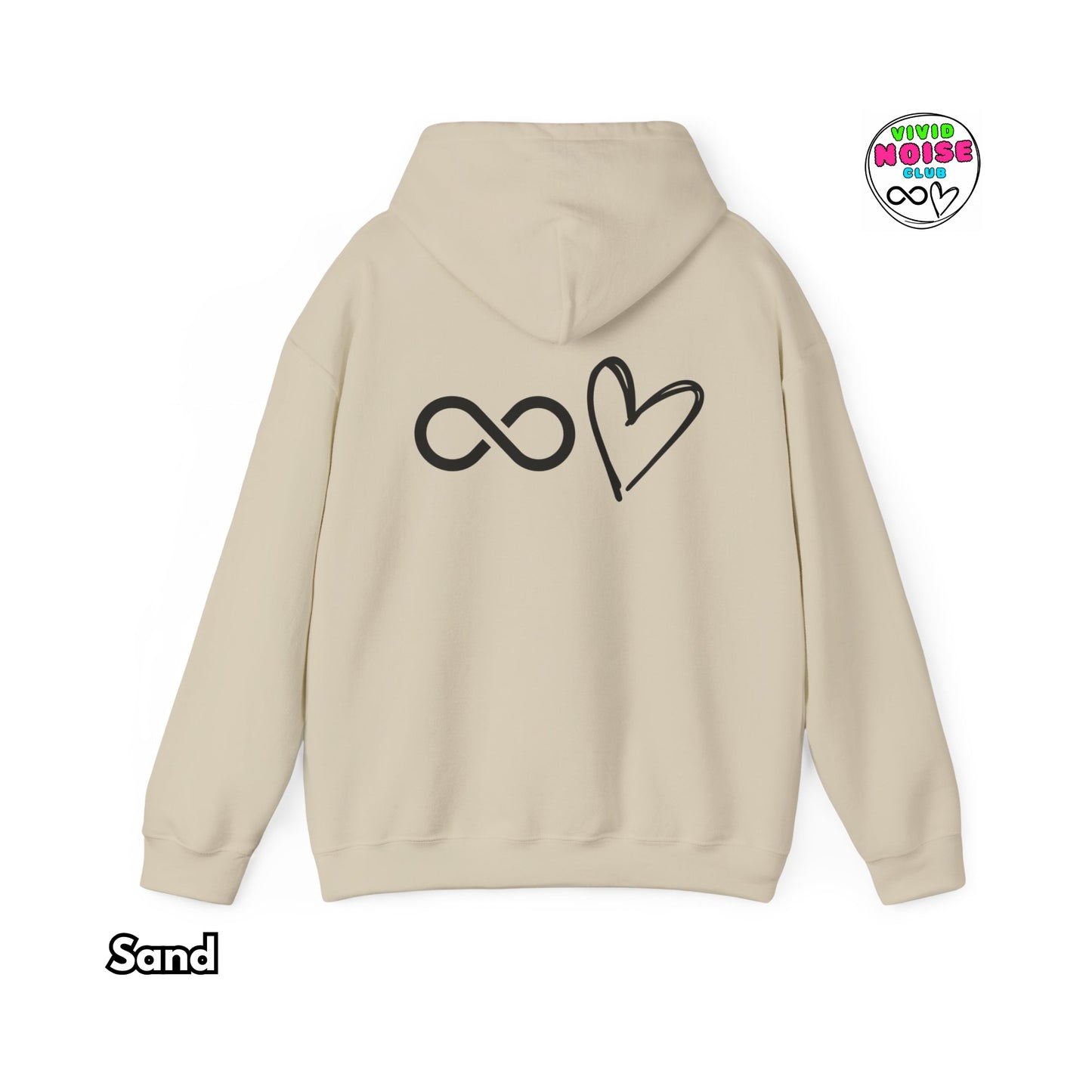 Beige hoodie with a heart and infinity symbol on the back, on a white background.
