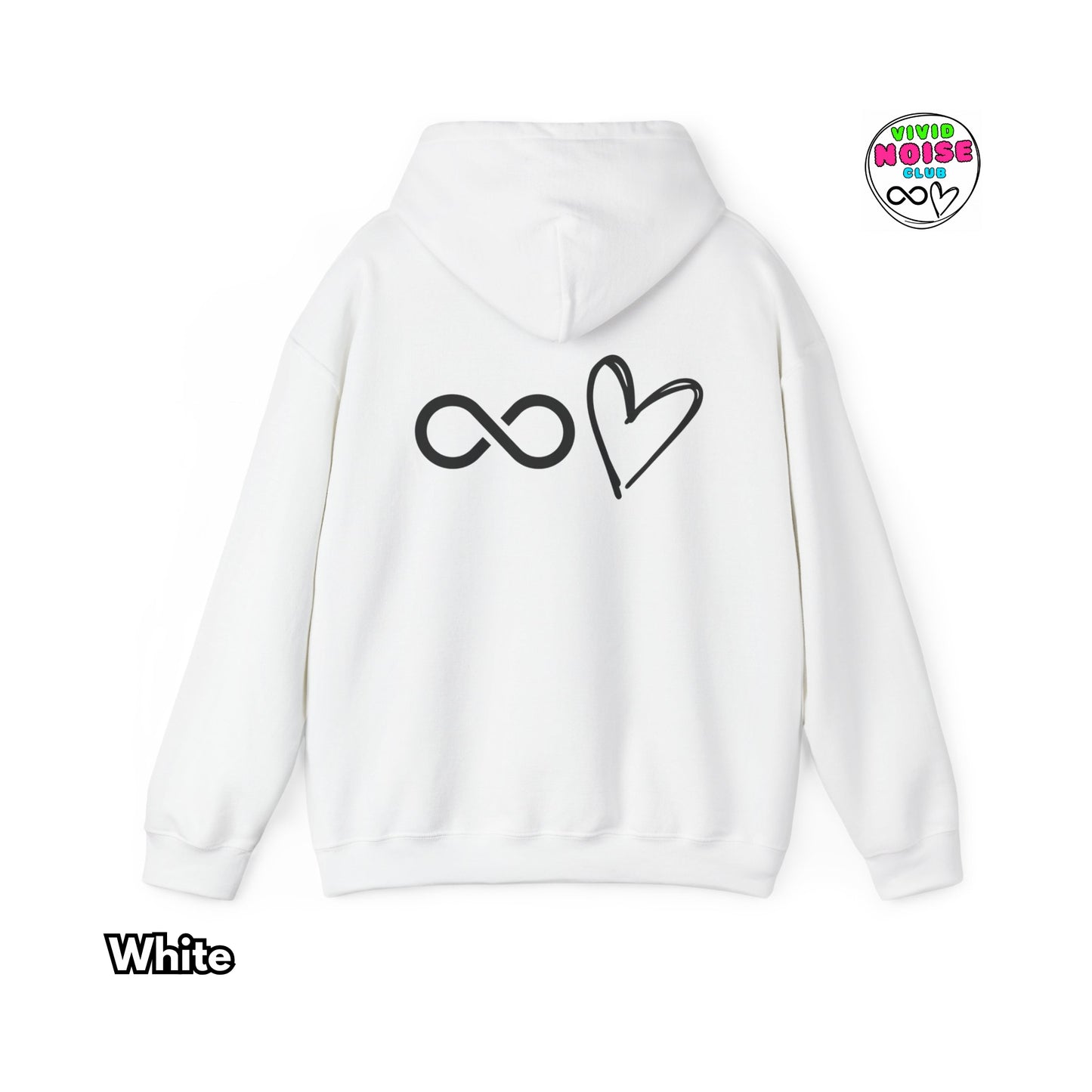White hoodie with black heart and infinity symbol on the back, on a white background.
