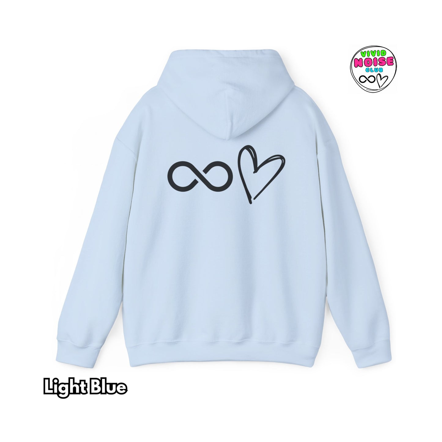 Light blue hoodie with a heart and infinity symbol on the back, on a white background.
