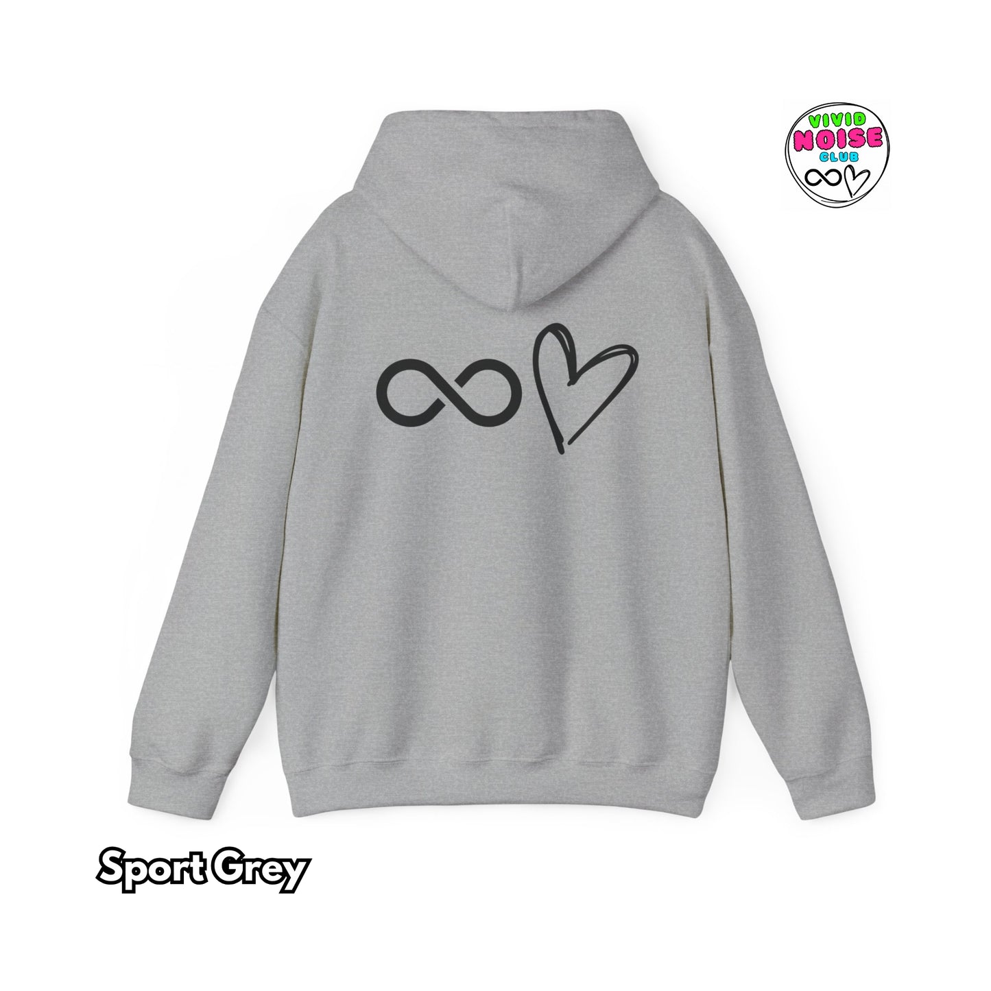 Gray hoodie with a heart and infinity symbol on the back, on a white background.