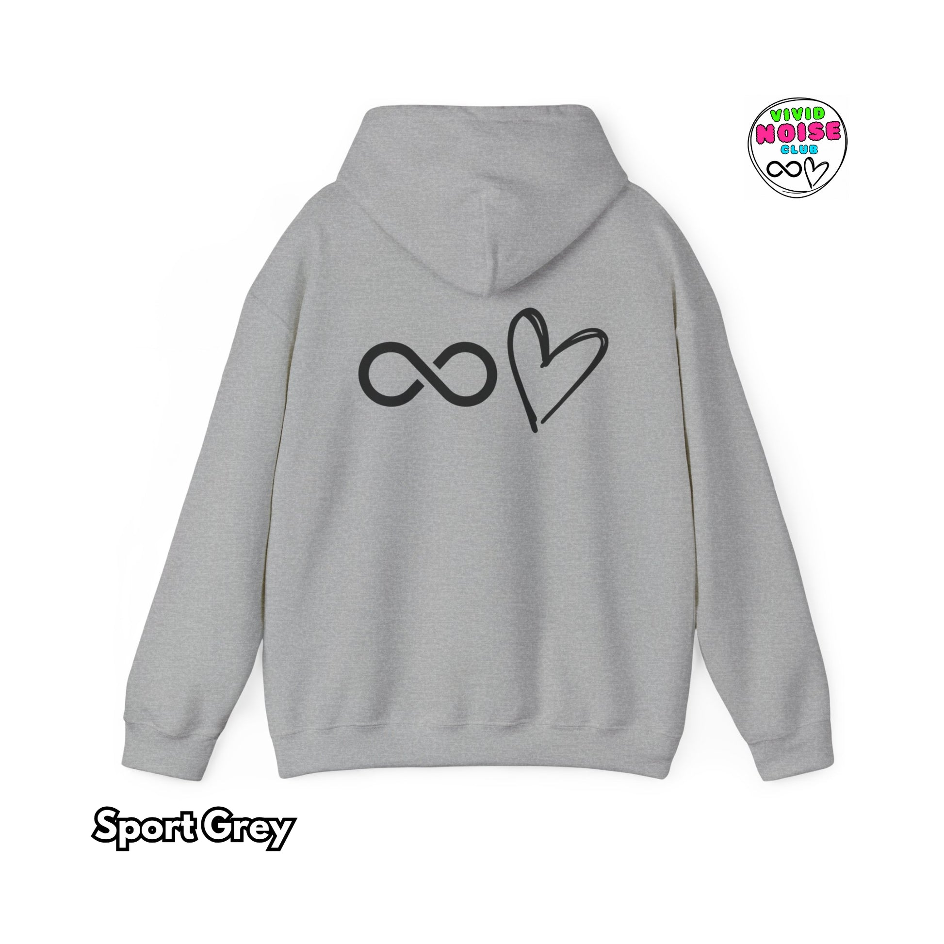 Gray hoodie with a heart and infinity symbol on the back, on a white background.