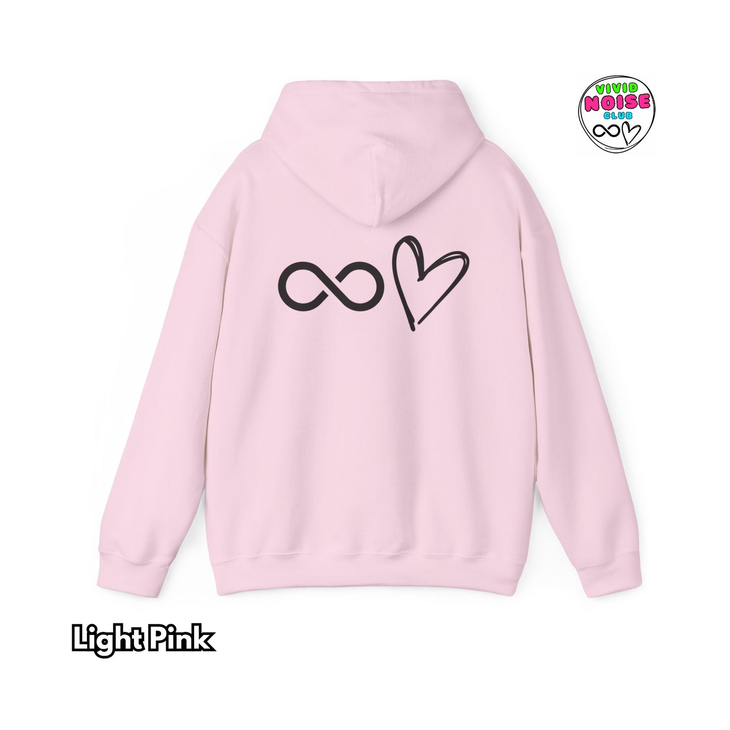 Light pink hoodie with infinity and heart design on the back, on a white background.