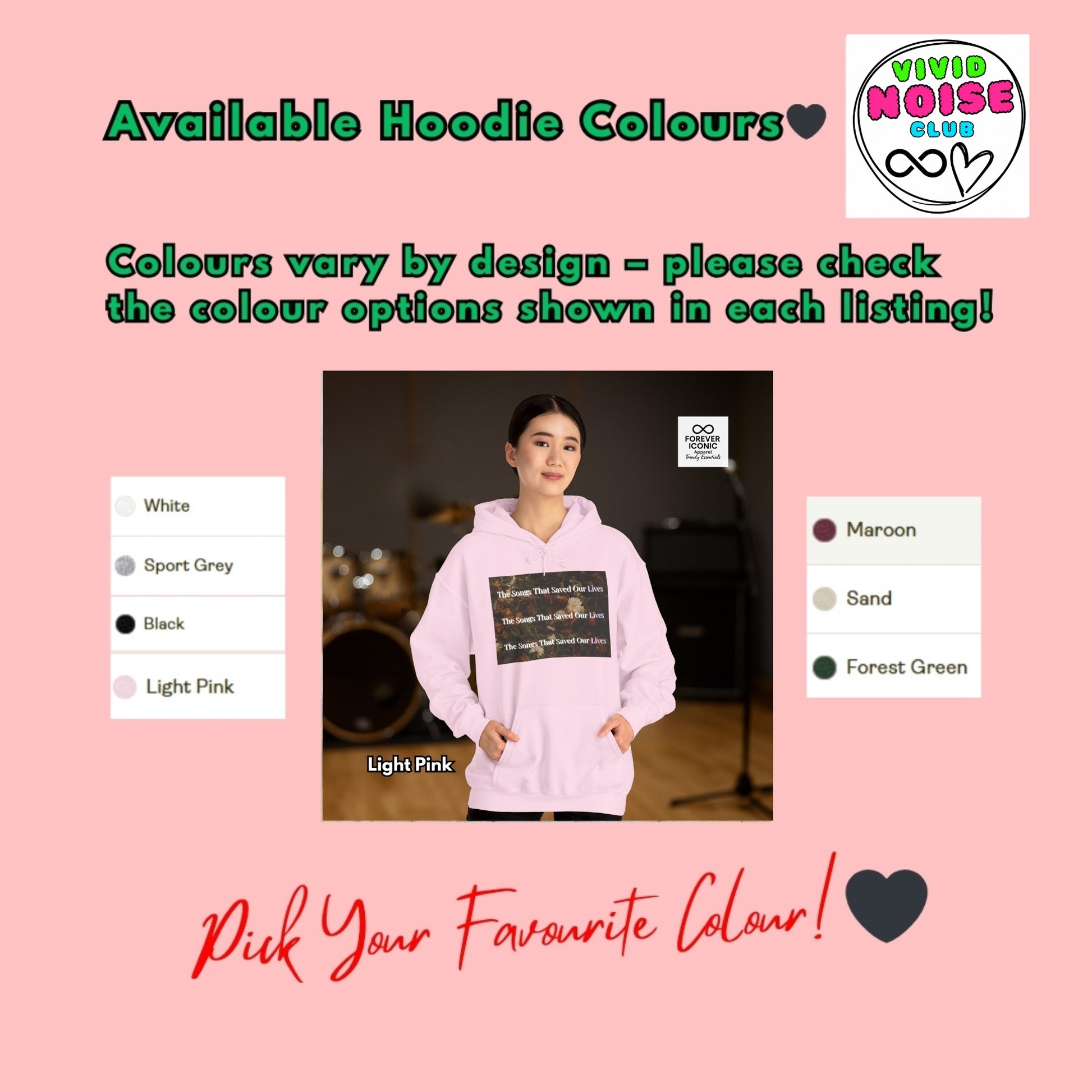 Person wearing a light pink hoodie with color options displayed on a pink background.