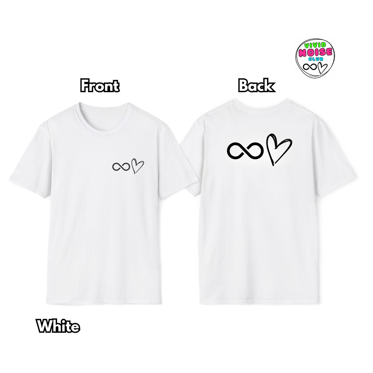 White t-shirt with infinity and heart design on front and back, featuring 'White' text.
