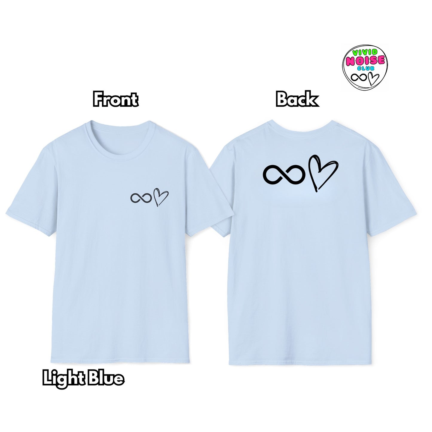 Light blue t-shirt with infinity symbol and heart design on front and back, featuring 'Viva Maria' logo.