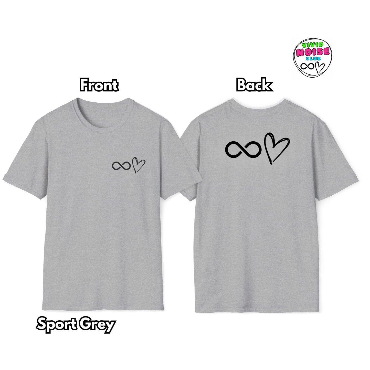 Gray t-shirt with infinity and heart design on front and back, featuring 'Viva Maria' logo.