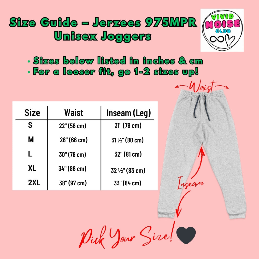 Size guide for Jerzees 975MPR Unisex Joggers with Vivid Noise Club branding on a pink background.