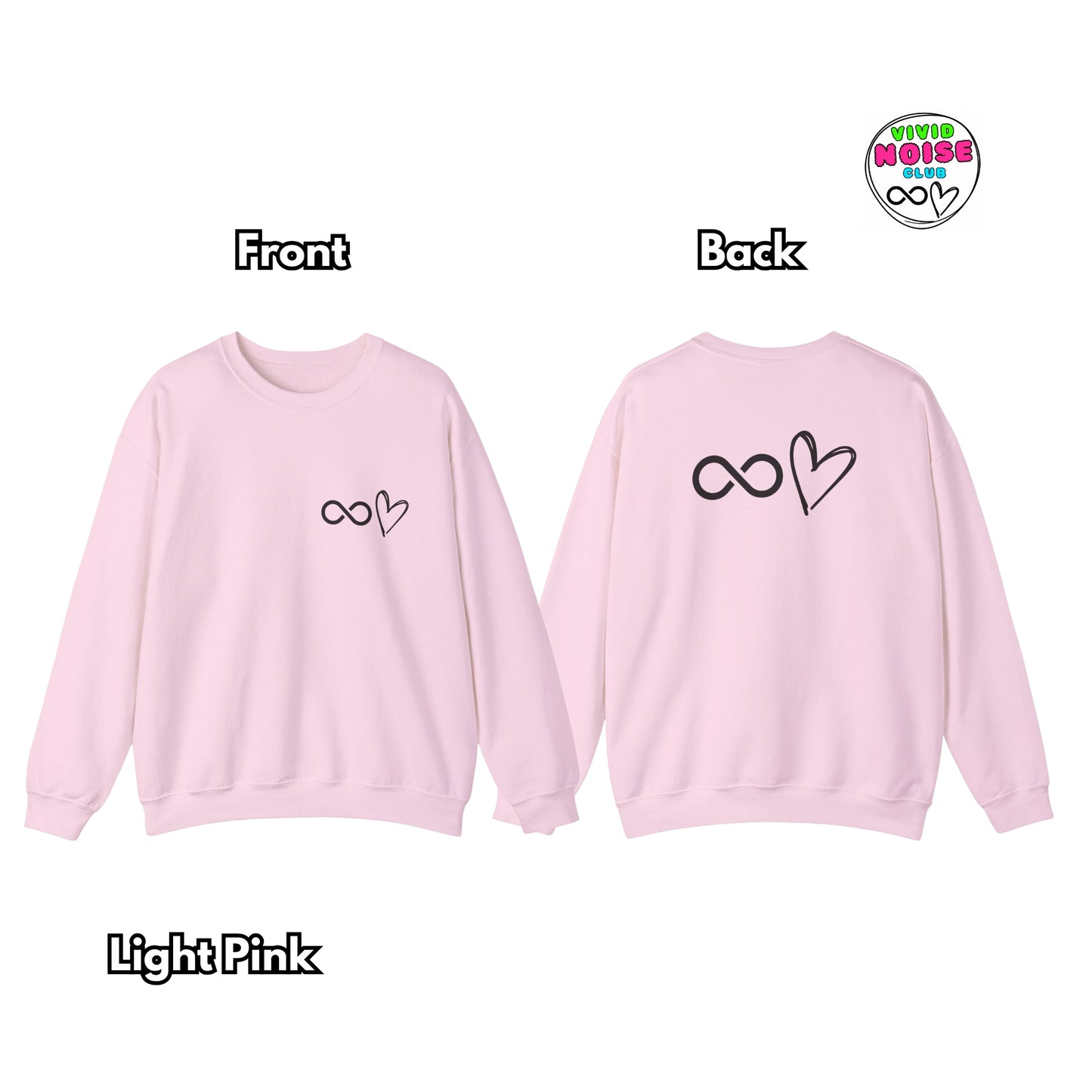 Light pink sweatshirt with infinity and heart design on front and back, brand logo visible.