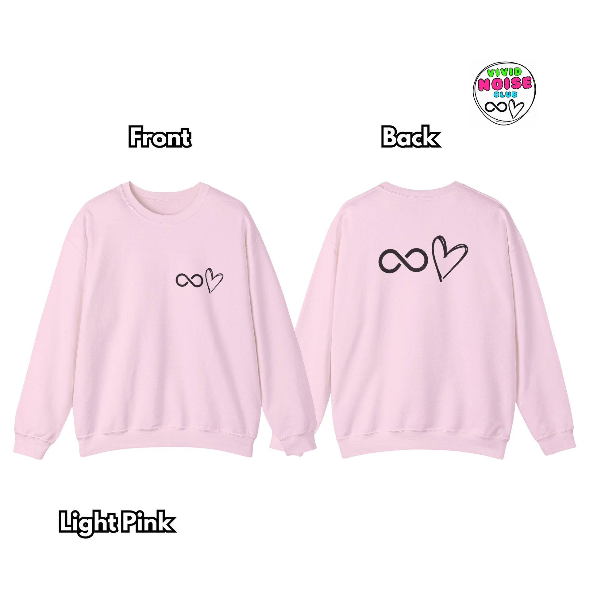 Light pink sweatshirt with infinity and heart design on front and back, brand logo visible.