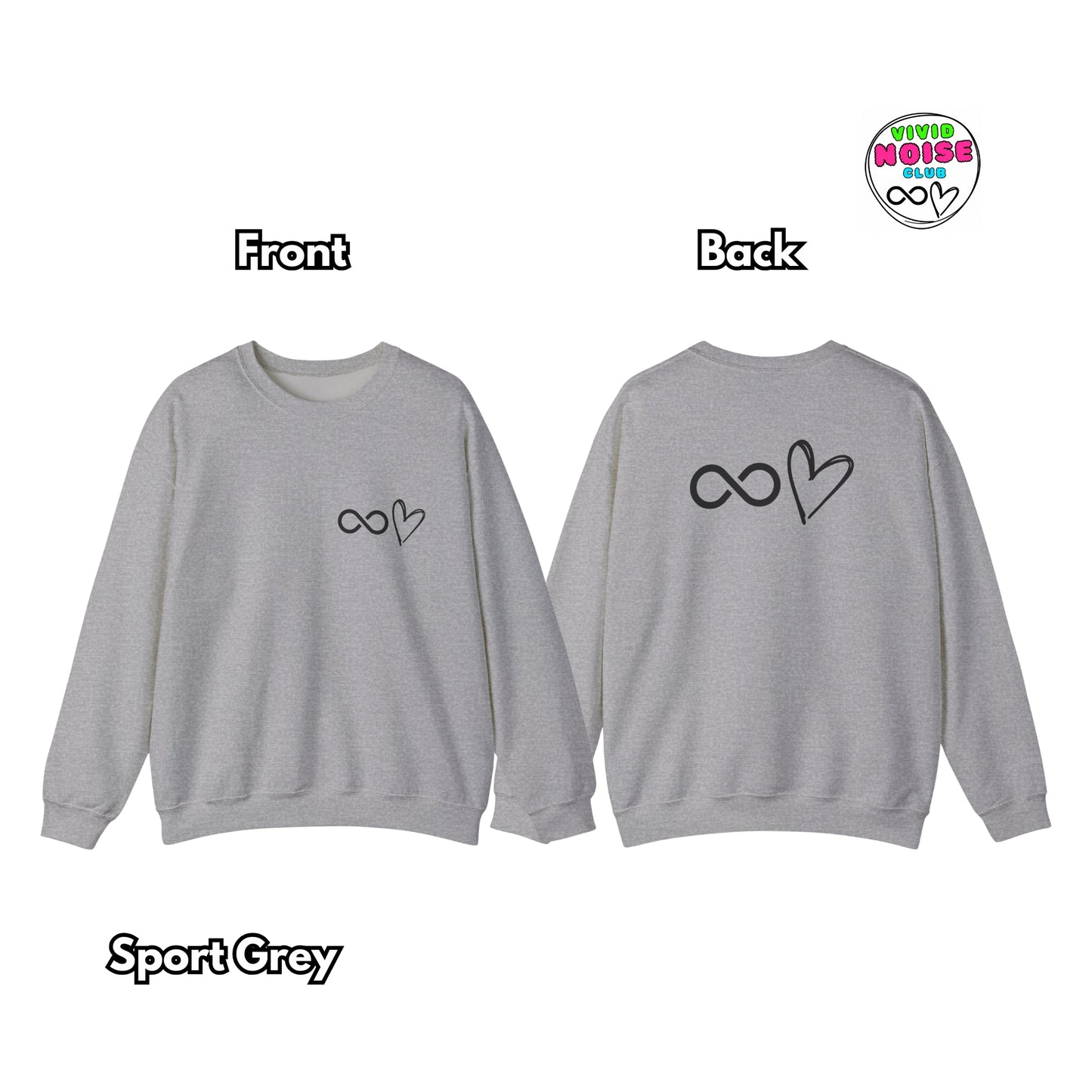 Gray sweatshirt with infinity and heart design on front and back, labeled 'Sport Grey'.