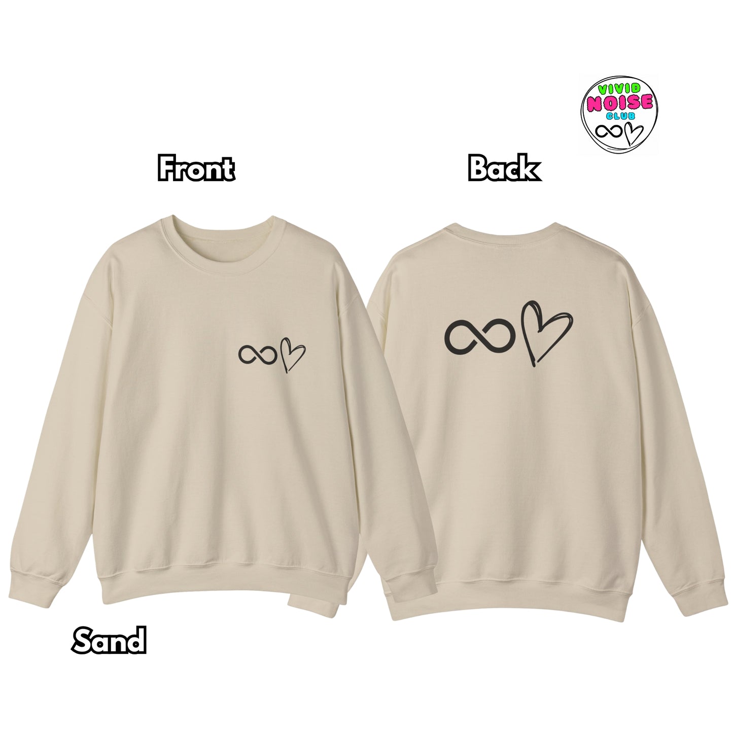 Beige sweatshirt with infinity and heart symbol on front and back, labeled 'Front' and 'Back'.