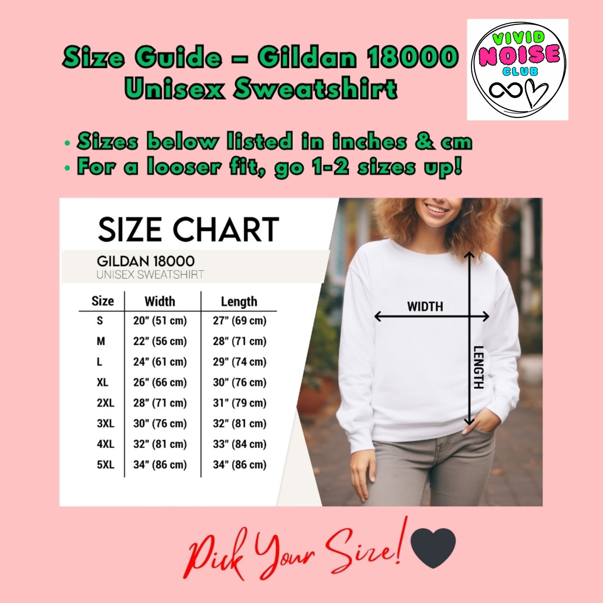 Size chart for Gildan 18000 Unisex Sweatshirt with a person wearing the sweatshirt on a pink background.