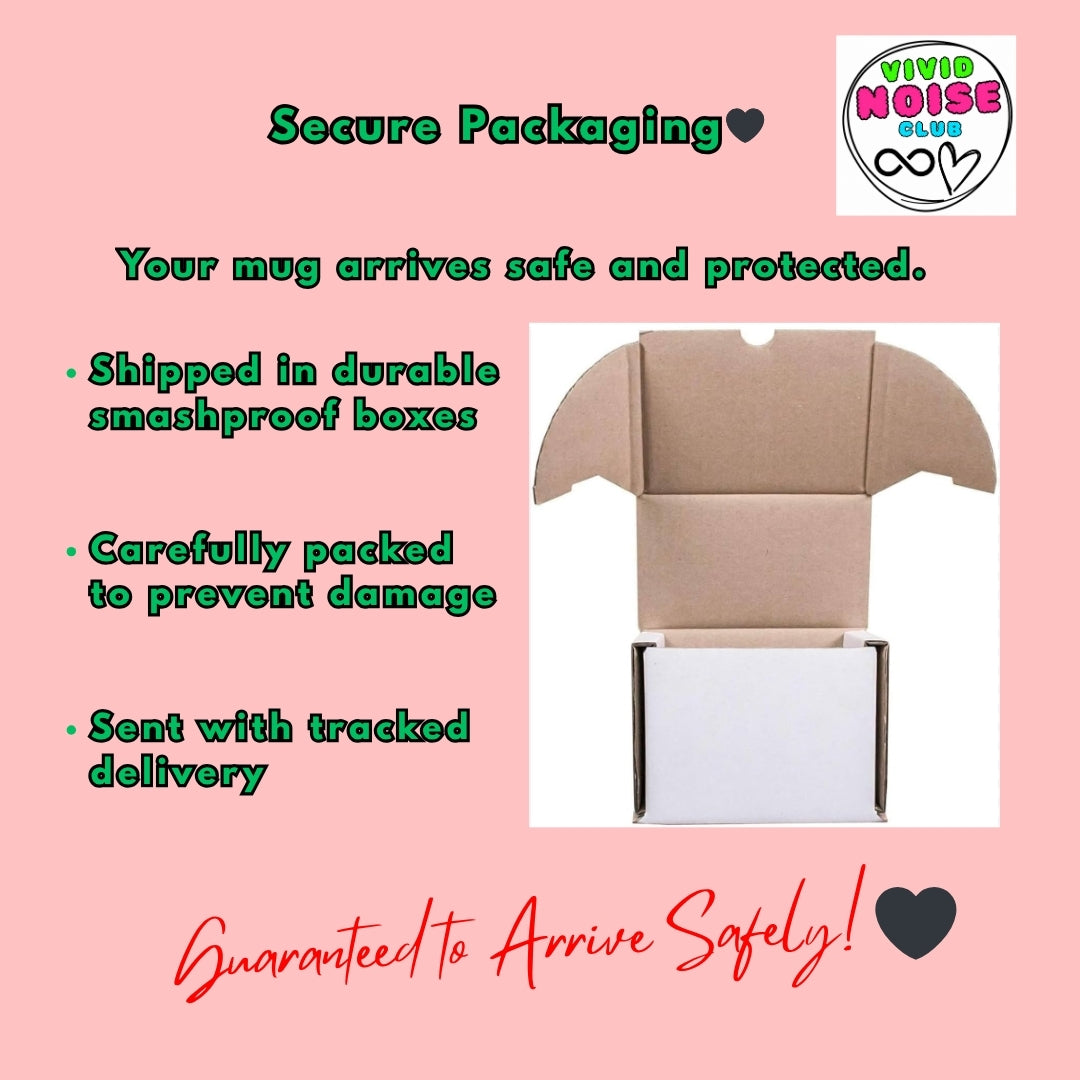Secure packaging information with a cardboard box on a pink background, featuring the Vivid Noise Club logo.