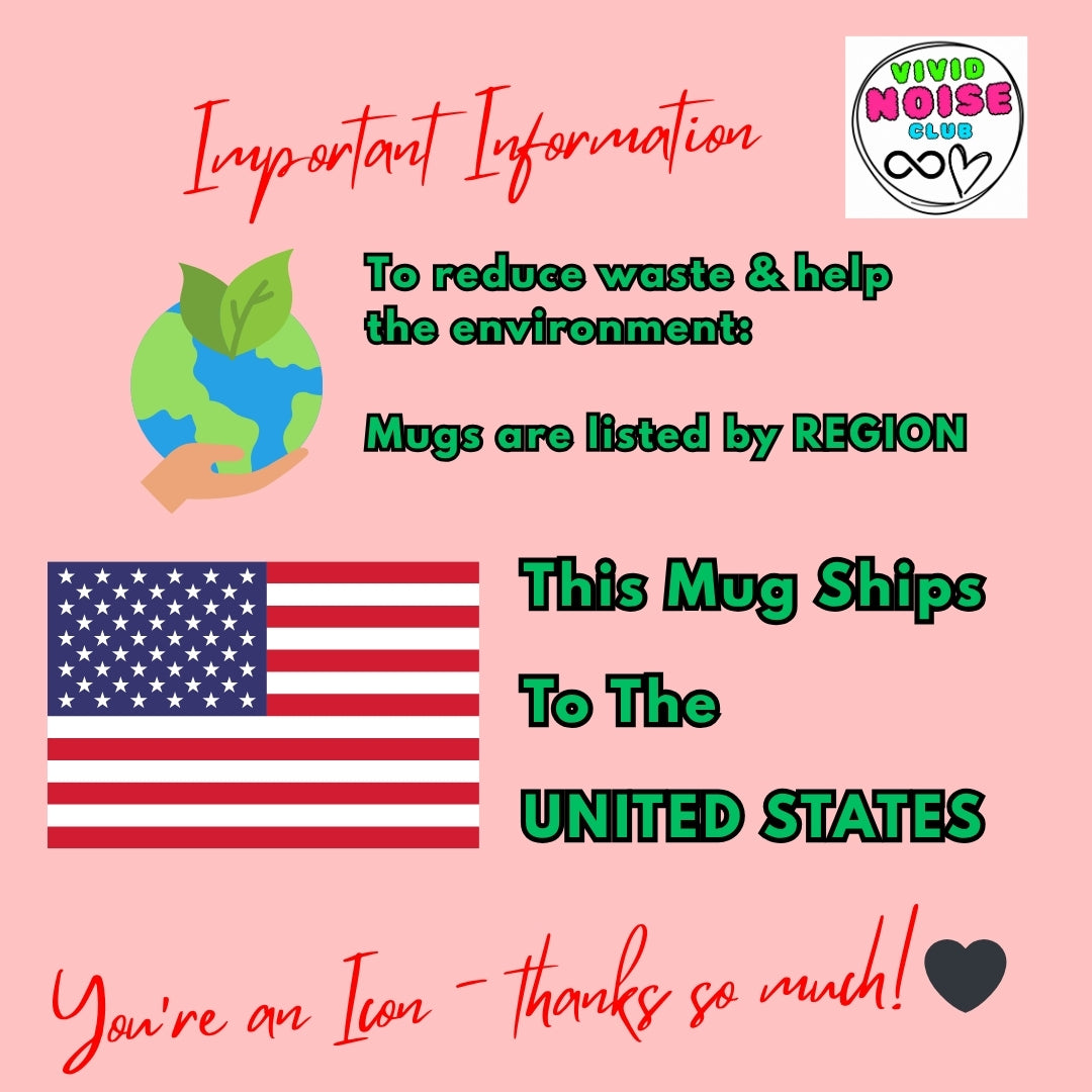 Pink background with text about mugs shipping by region, shipping to the United States, and a logo in the corner.