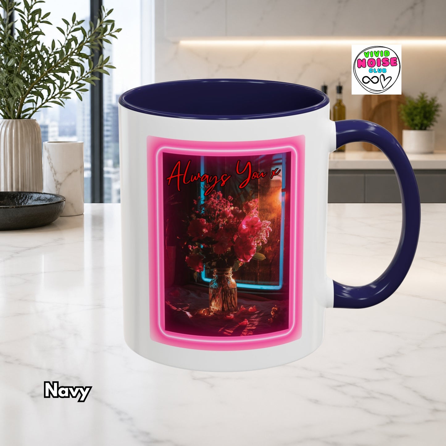 Mug with floral design and 'Always You' text in a kitchen setting
