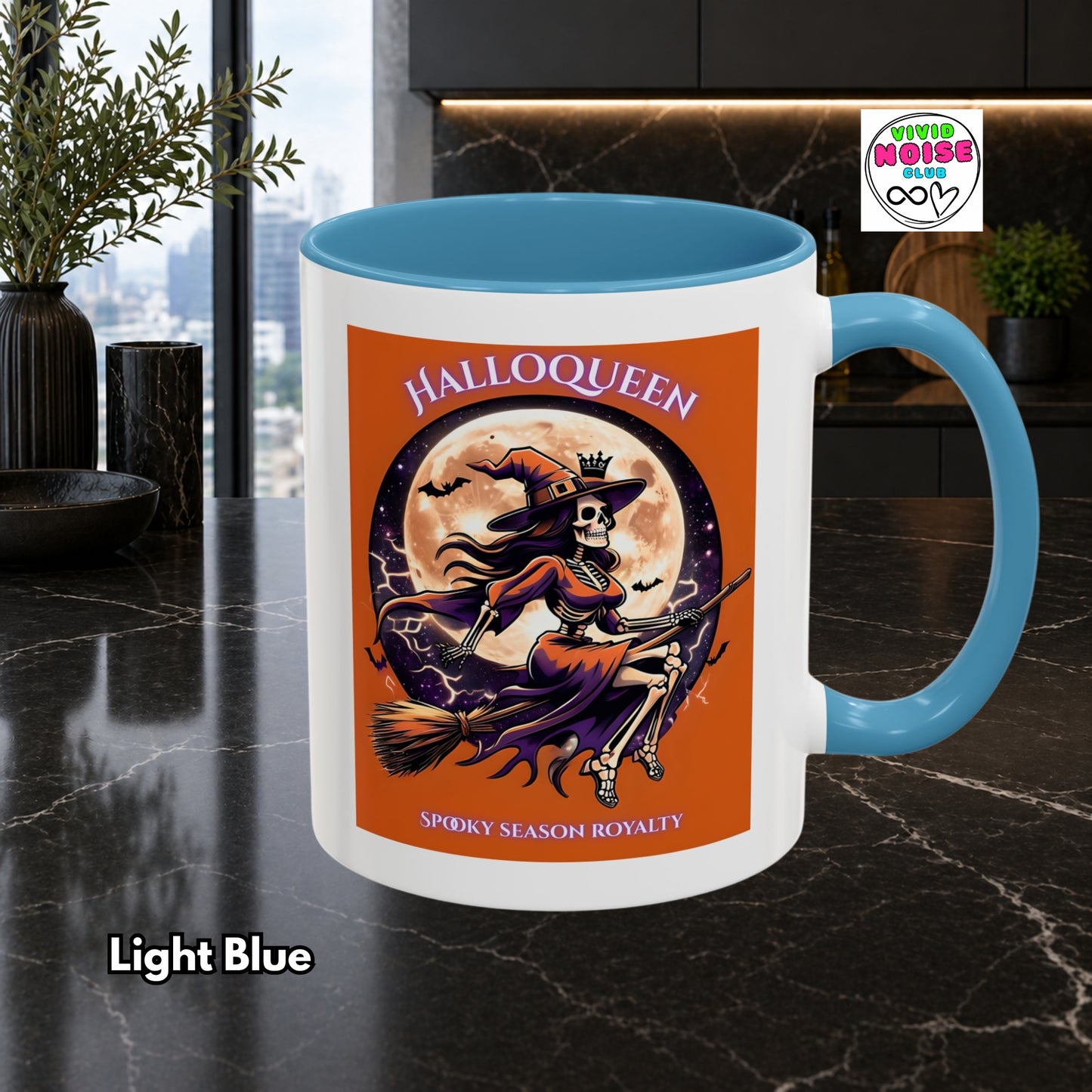 Halloween-themed mug with a witch design on a dark surface