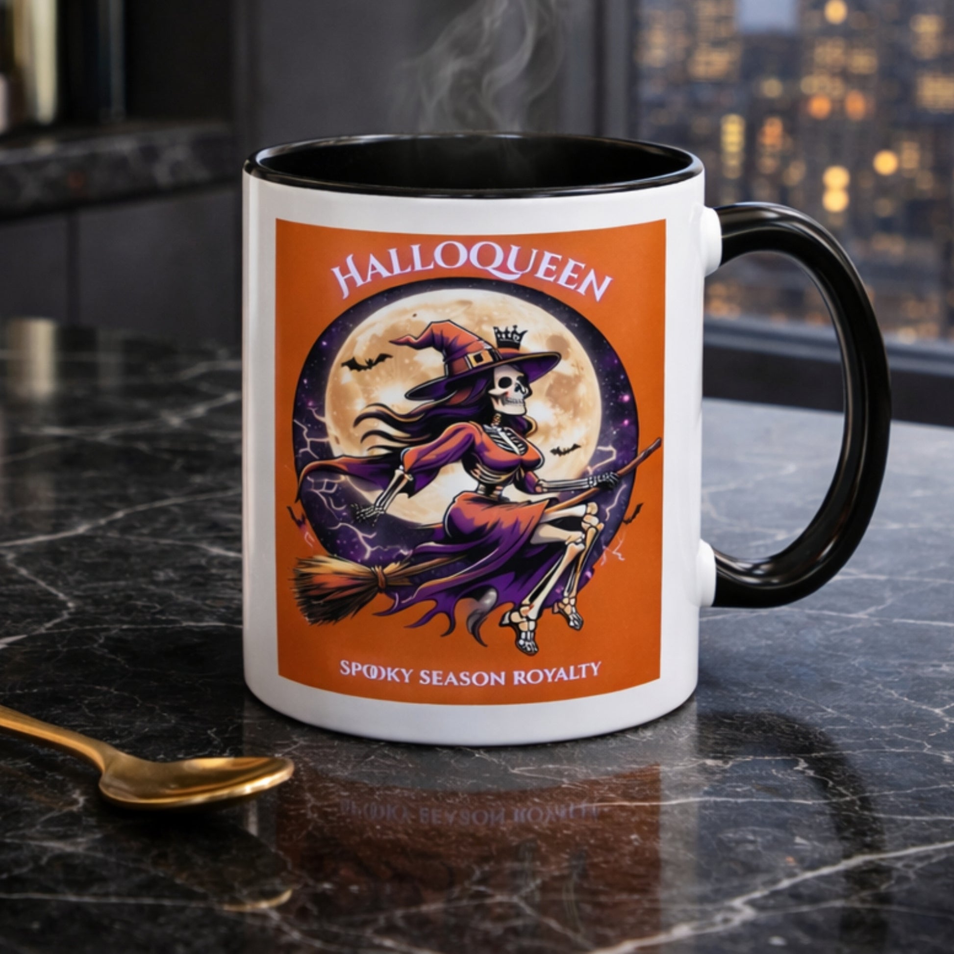 Halloween-themed mug with skeleton witch design on a dark surface