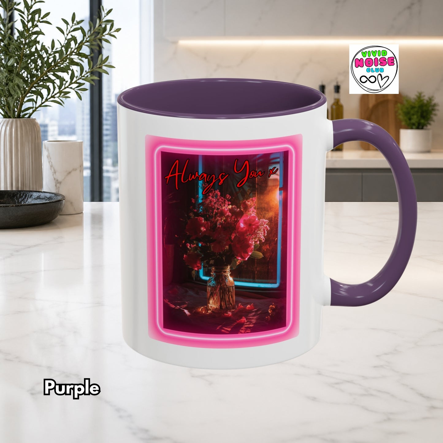 White mug with purple interior and handle, featuring a floral design and 'Always You' text on a kitchen counter.