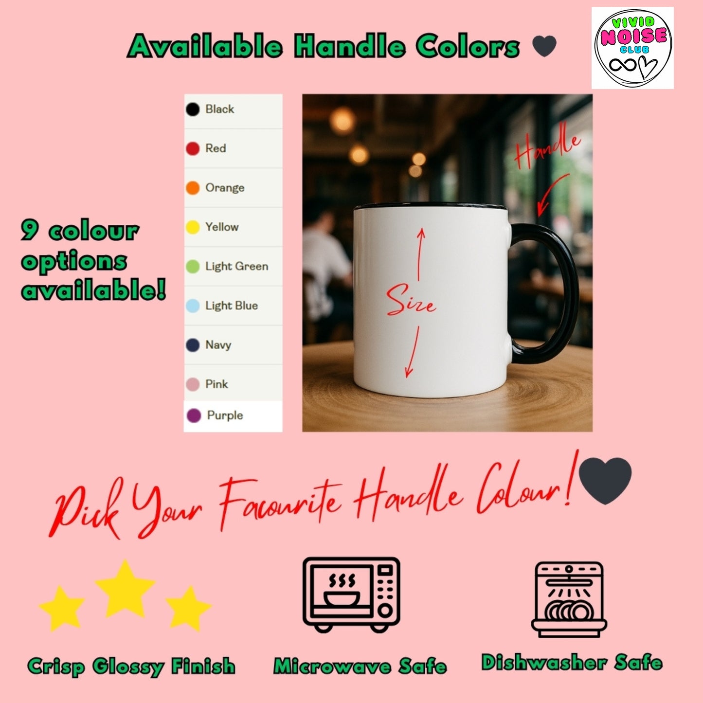 This image shows an 11 oz accent coffee mug with available handle colour options, including black, red, orange, yellow, green, light blue, navy, pink and purple, featuring a glossy ceramic finish that is microwave and dishwasher safe.