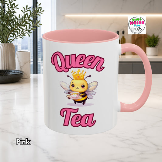 Mug with 'Queen Bee Tea' design on a kitchen counter