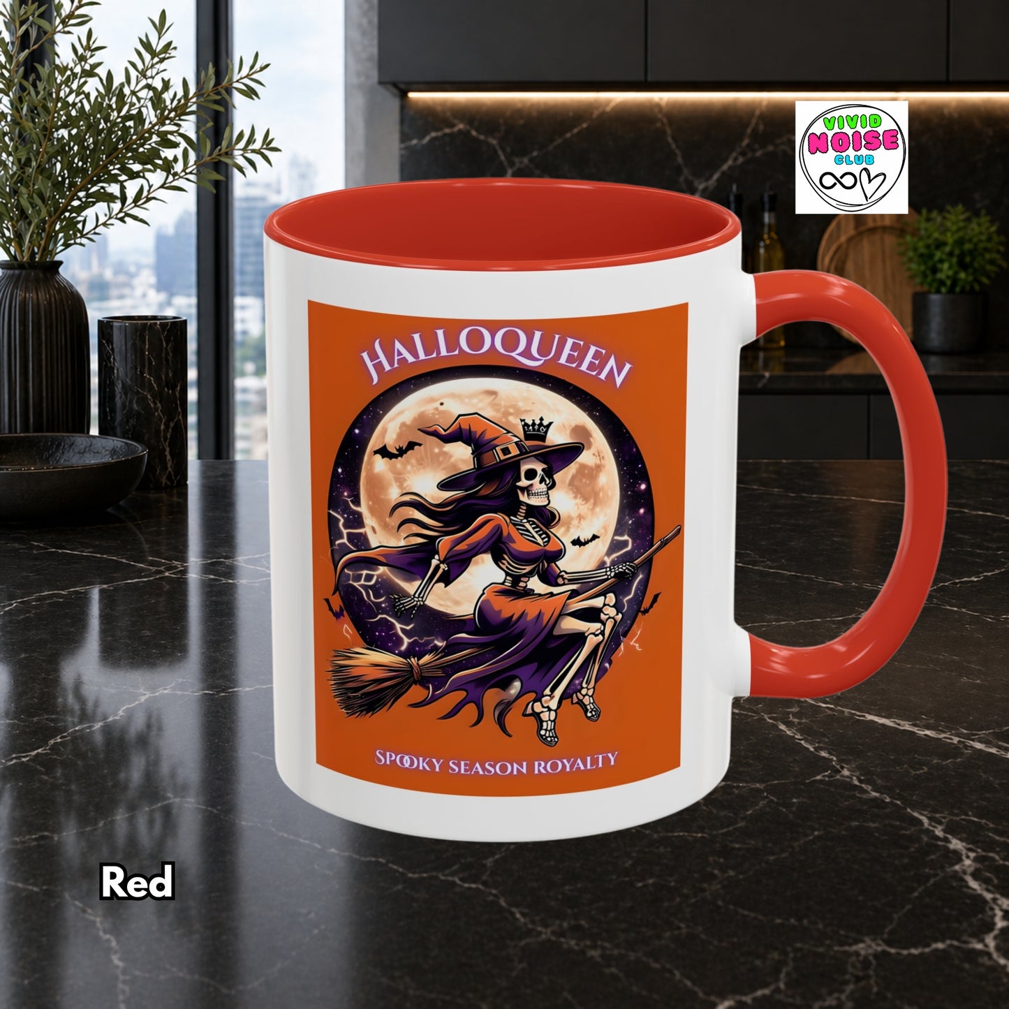 Mug with Halloween-themed design featuring a witch and skeleton on a broomstick, set against a cityscape.