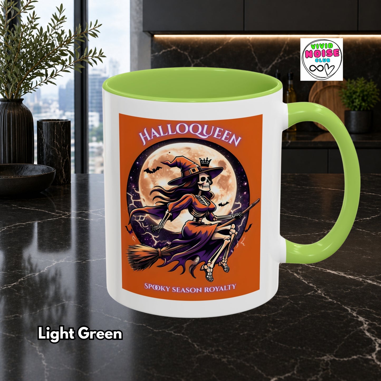 Halloween-themed mug with witch design on a dark surface
